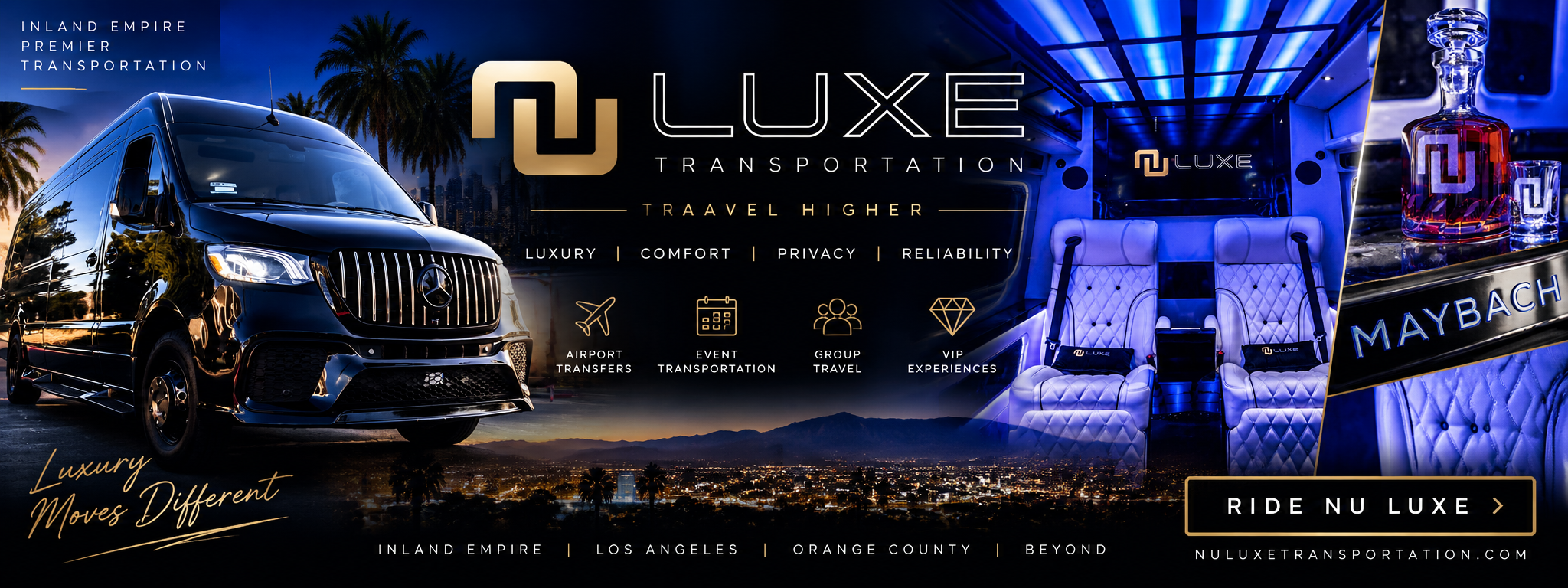 Nu Luxe Transportation — luxury airport transfers, events, group travel and VIP experiences.